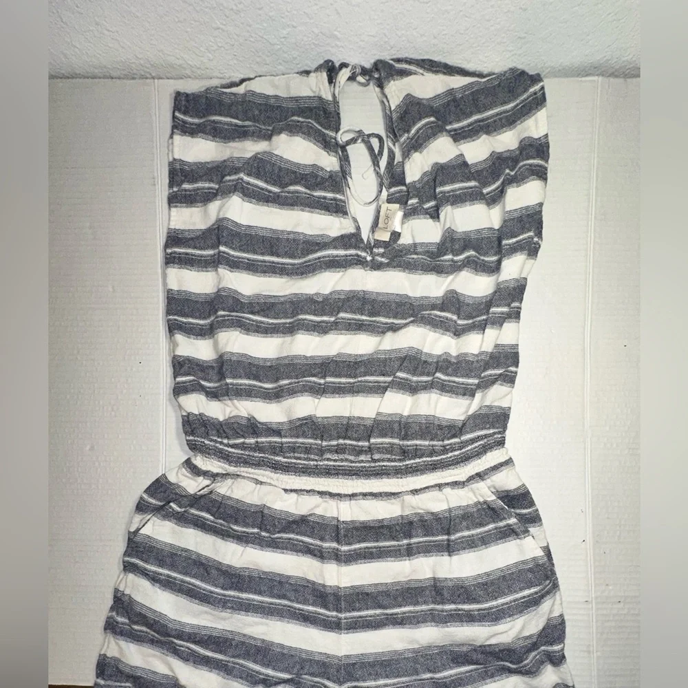 Ann Taylor Loft Romper‎ Jumpsuit Women Sz M Blue White LinenBoho Girlcore Beach